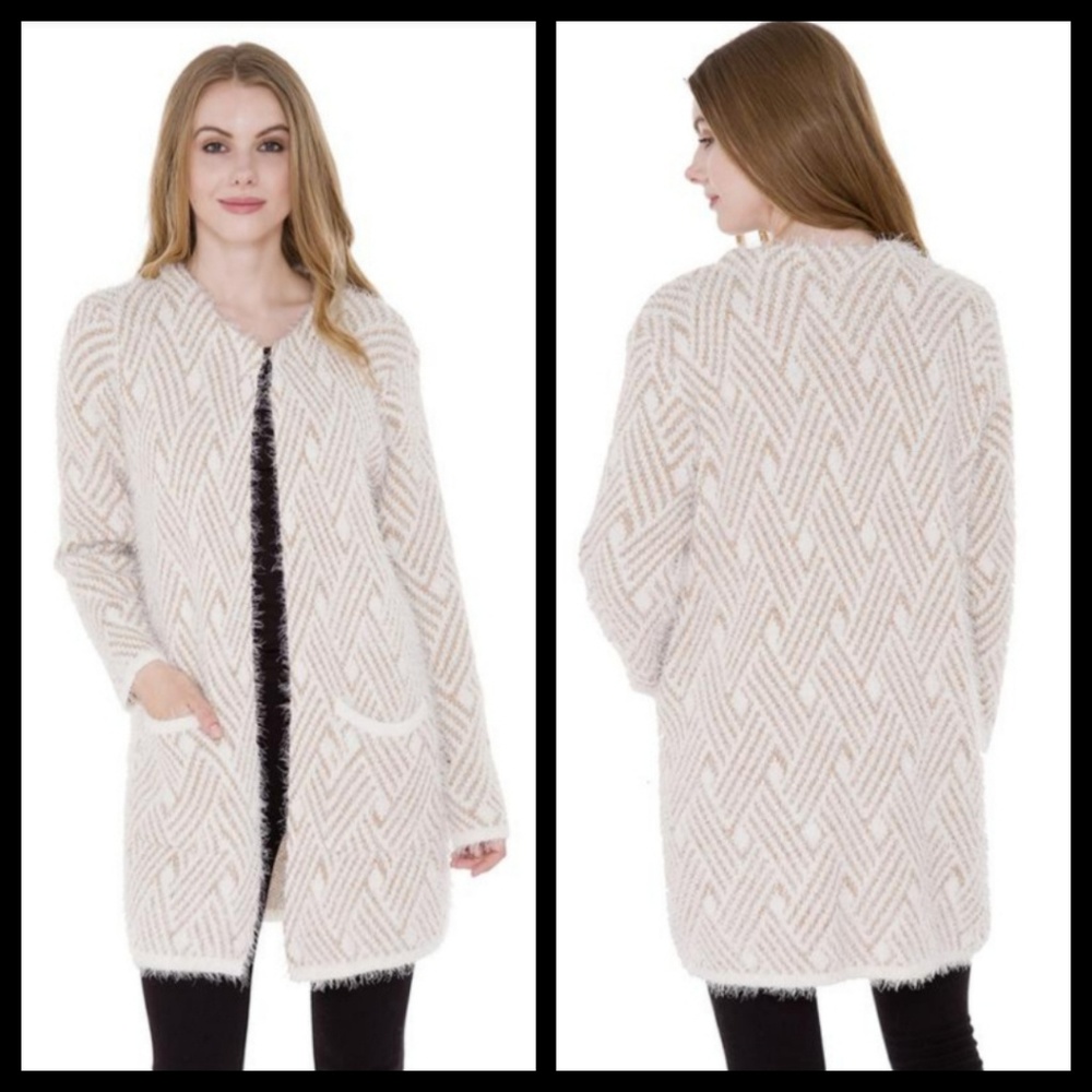 Chevron Patterned Fuzzy Knit Cardigan